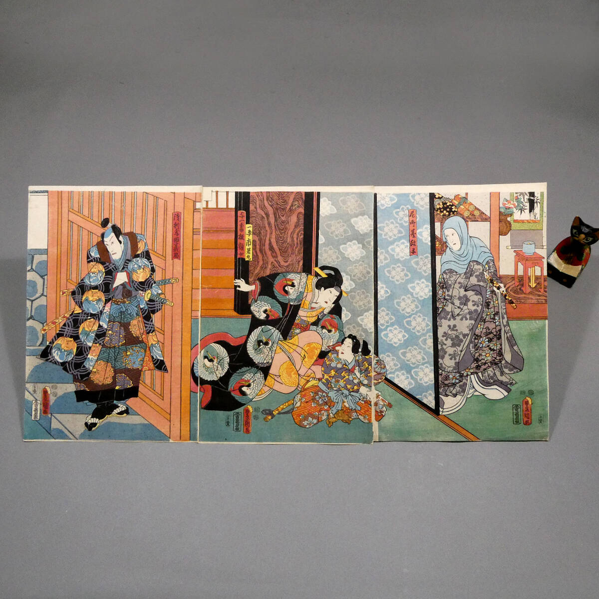 やや傷や汚れあり】【真作】放駒長吉ほか 役者絵 三枚続 歌川国貞 画
