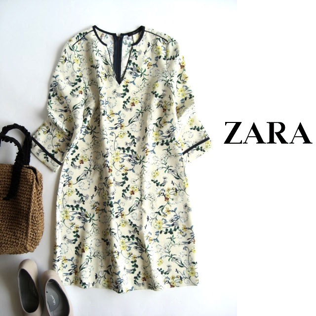 ザラベーシックzara Basic花柄ワンピースl30紺 クリームイエロー系 の落札情報詳細 ヤフオク落札価格情報 オークフリー スマートフォン版