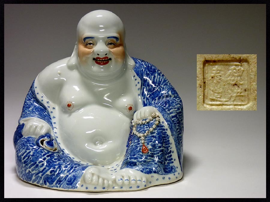 夢たま】旧家伝世品！民国期 魏洪泰造・大振り色絵布袋像/時代保証