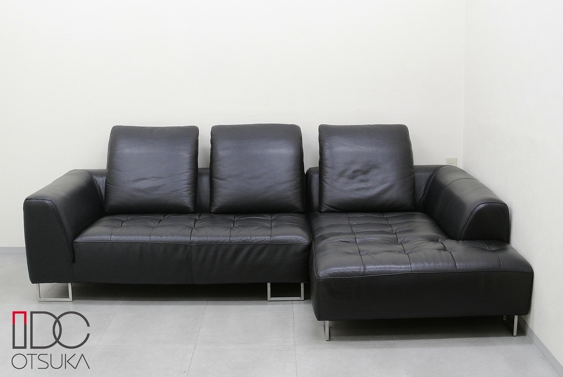 展示品 IDC大塚家具 総革カウチソファ「L/S STYLISH-11」3人掛け