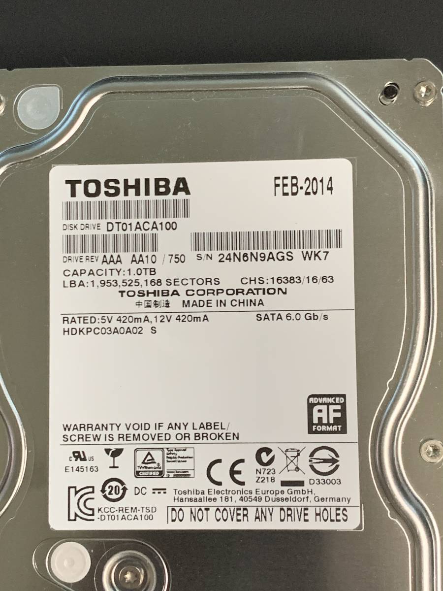 東芝 1TB HDD 3.5インチ SATA シリアルナンバー 24N6N9AGSの落札情報