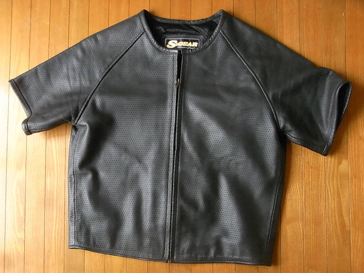 革ジャン半袖本革牛革パンチングメッシュレザー S