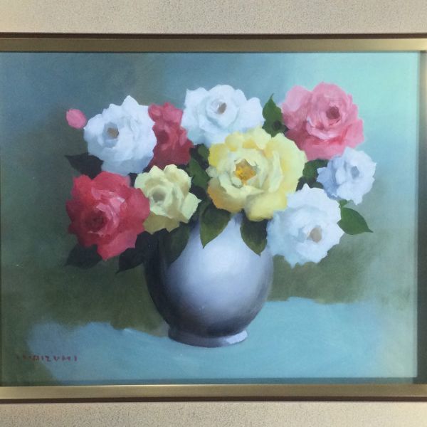 ○今泉一郎 油彩画作品 「ばら」 美しい薔薇の花瓶の絵 F4号 可愛い