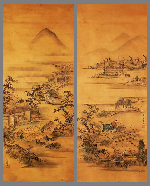 真作】□葛飾北斎□農耕図二幅/大幅□江戸時代の浮世絵師□肉筆□掛軸