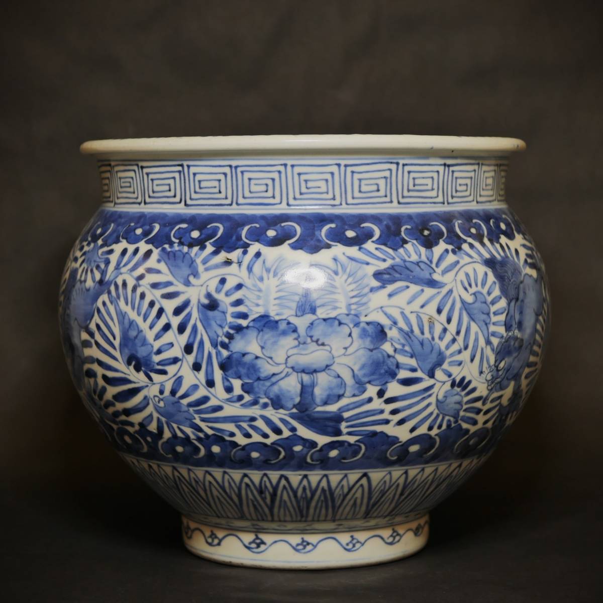 江戸時代末期～明治時代 古伊万里 染付 波に舟 たこ唐草文様 三重鉢