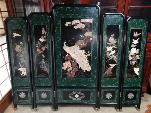 ◇螺鈿 衝立◇螺鈿細工 屏風 パーティション 漆塗 花鳥 中国美術