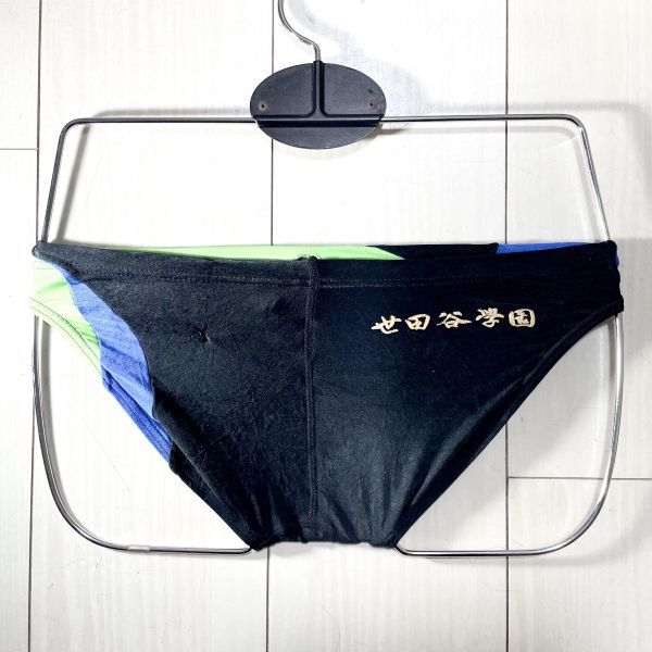 中古】1アシックス男子競泳水着M☆お尻に水泳部マーキング☆光沢黒