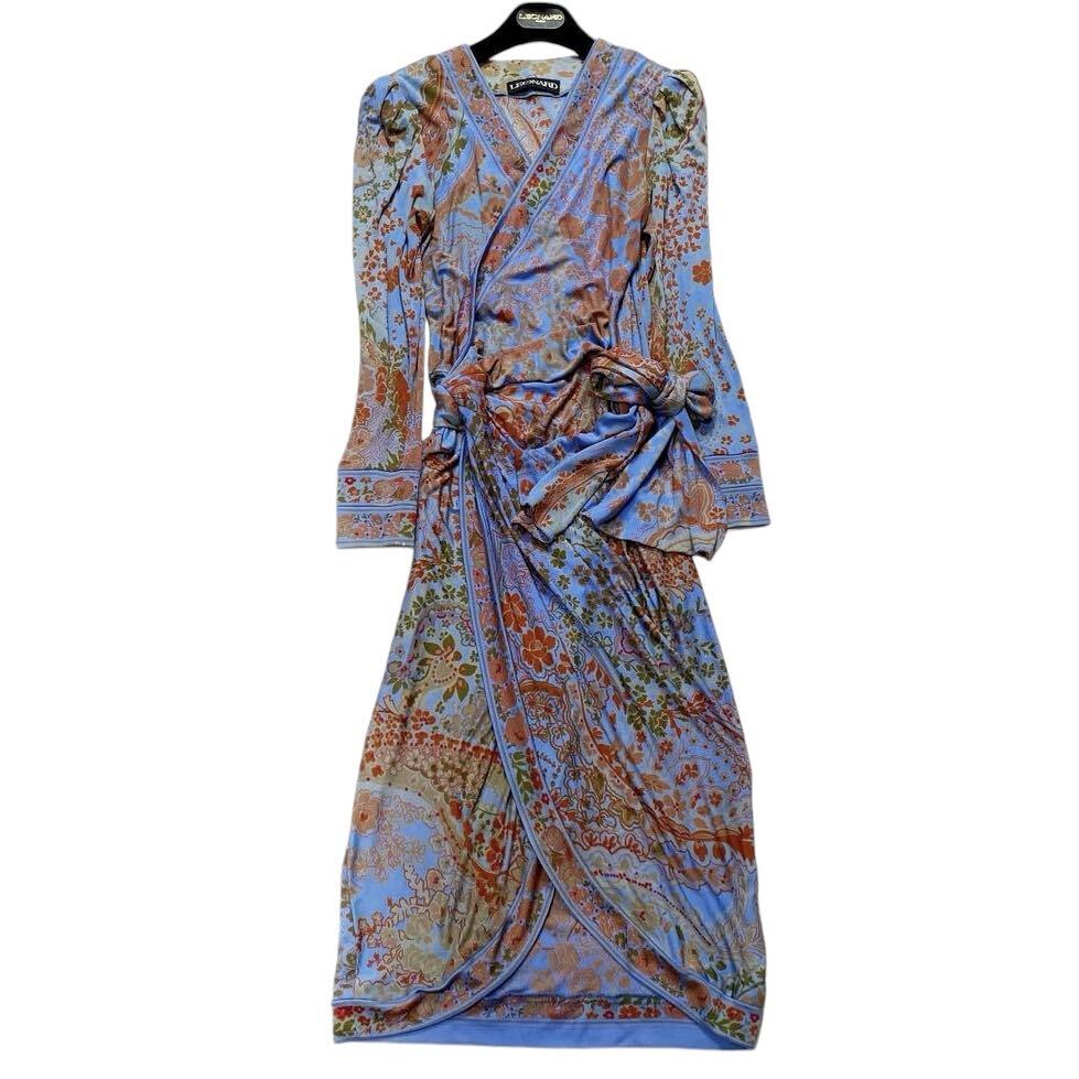 美品　カンカン素材　レオナール　ワンピース　トリム　花柄　M ネイビー 美品♡レオナール カンカン素材 トリム 花柄 ワンピース M