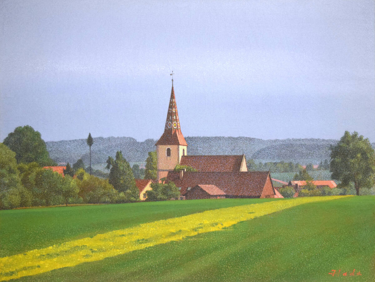 山田嘉彦 「薔薇」 額装15号 点描画の大家、これ程の出来はめったに