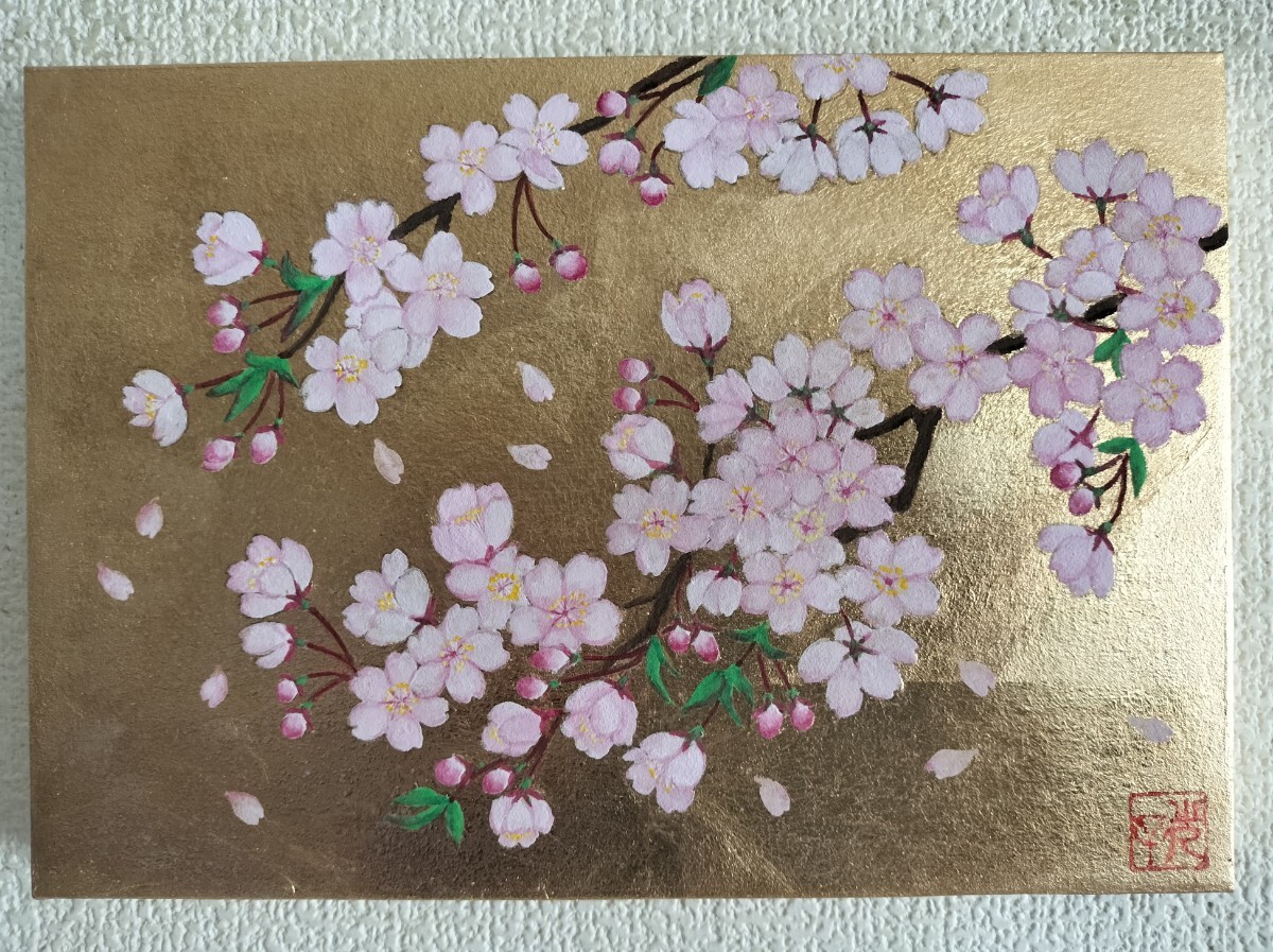 新品】日本画「蓮華」FSM号 ハスの花 金箔、岩絵の具 肉筆画