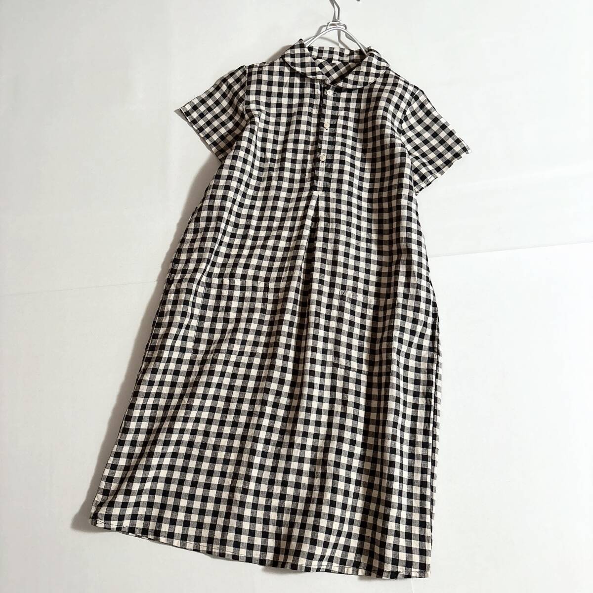 新品】ICHI イチ リネンギンガムチェック半袖シャツワンピース