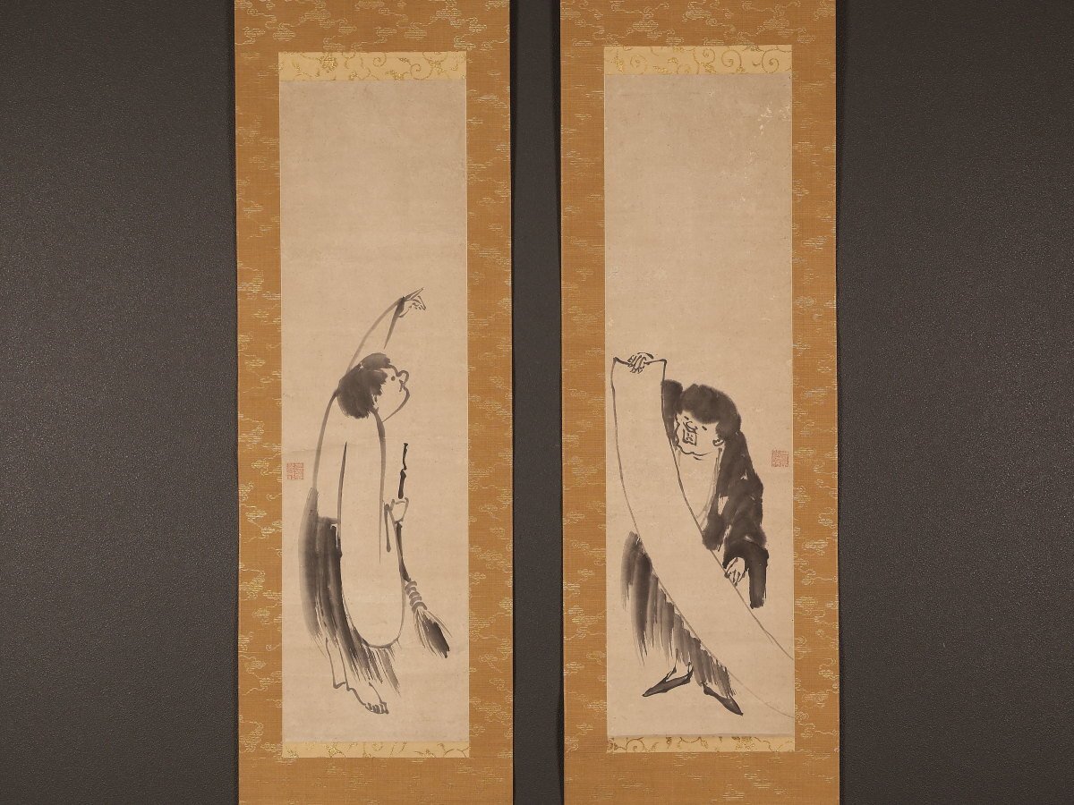 真作】山口謙哉「寒山拾得図」肉筆 絹本 着色 掛軸◇研究者旧蔵品/詳細