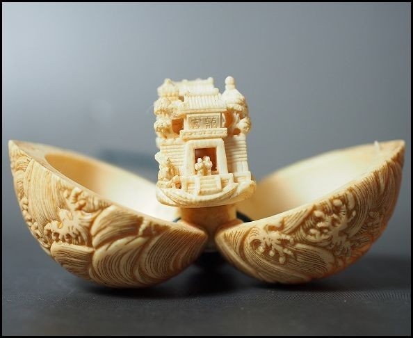 時代根付 極上細密彫り白材 マンモス牙製 松山作 芝宮作 作家物 在銘 中国美術 時代根付 極上細密彫り白材 マンモス牙製 松山作 芝宮作 作家物