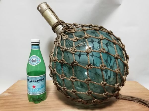 ビン玉 網付 直径25cm ウキ ガラス ブルー//青 紐 縄 瓶 浮き マリン