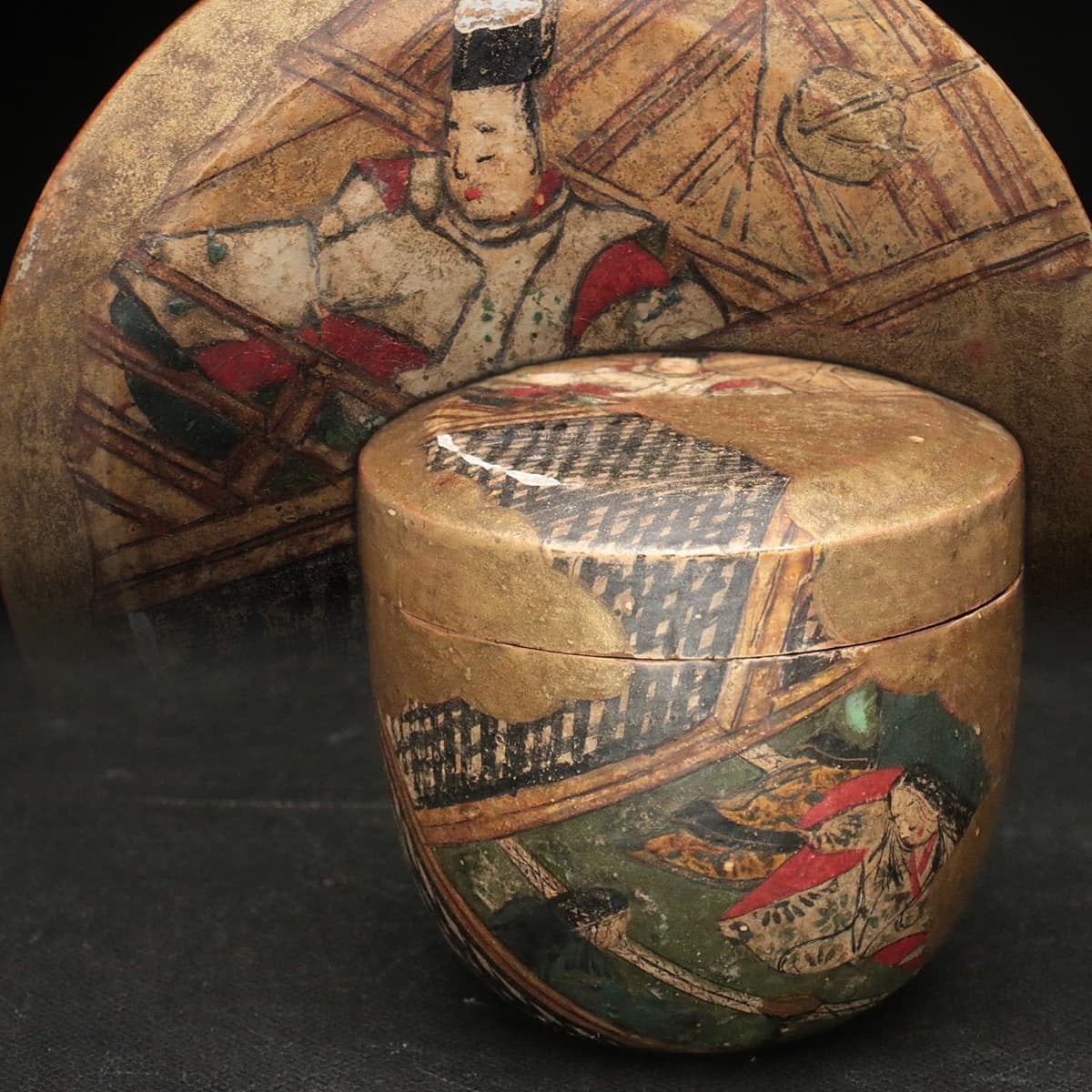 京蒔絵師【 武野 恭永 】造【 源氏物語地紙蒔絵 平棗 】共箱・共布付 梨地 京蒔絵師【 武野 恭永 】造【 源氏物語地紙蒔絵 平棗 】共箱・