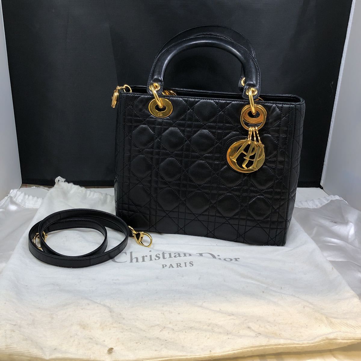 【やや傷や汚れあり】Christian Dior レディディオール カナージュ ハンドバッグ ショルダーバッグ ラムスキン ブラック×ゴールド