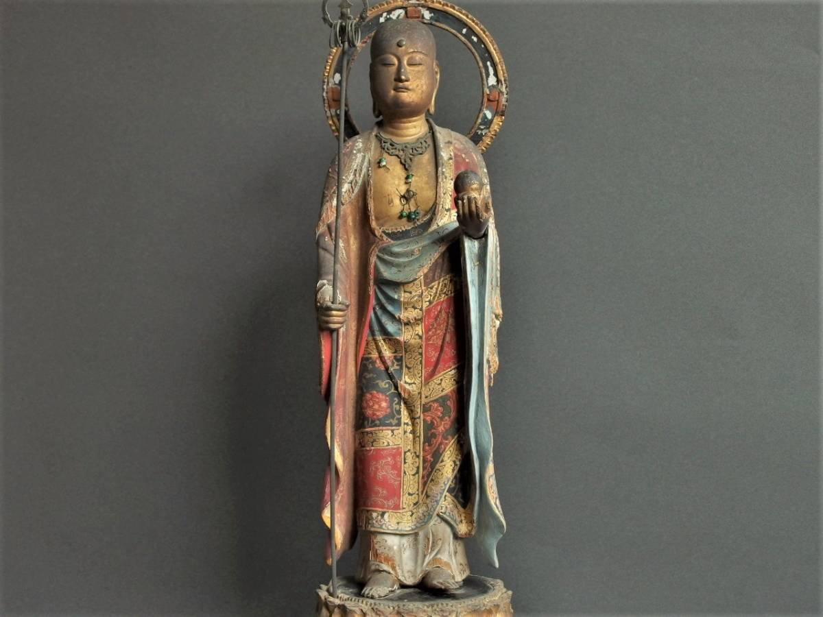 傷や汚れあり】◎野遊6 荘厳美の木彫彩色玉眼地蔵菩薩像 江戸時代