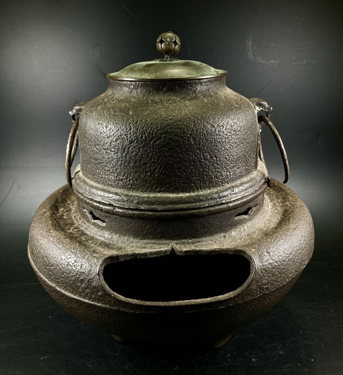 茶道具 霰様口丸釜 茶釜 釜師 大西浄古 共箱 茶釜 江戸骨董 古