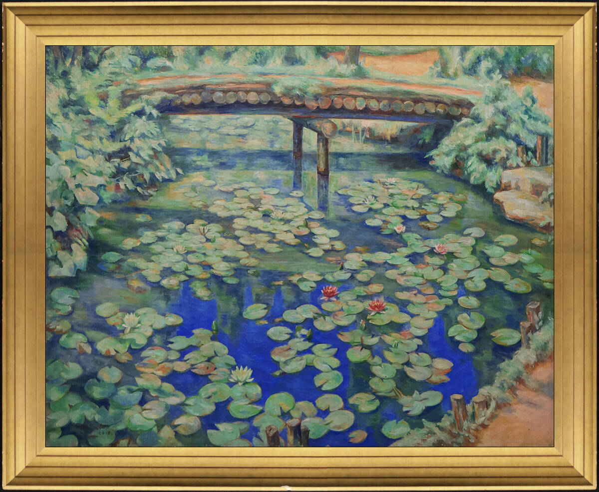 中古】北沢計「千葉佐原・緑映」F20油彩大作 日展 日洋会委員 労働
