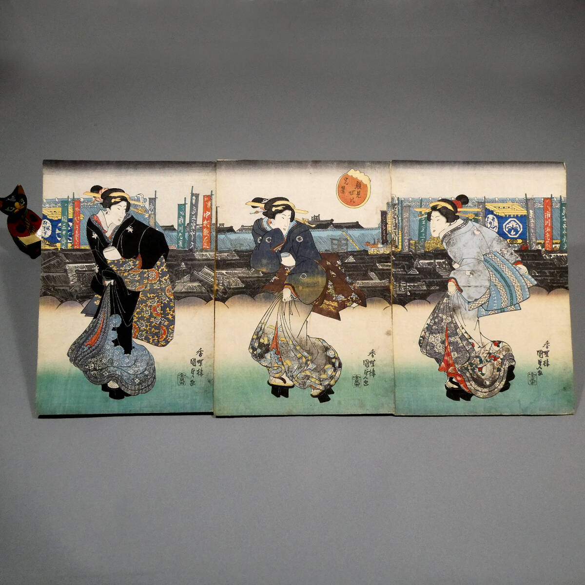 HANA/希少！本物 浮世絵 歌川国貞画 美人画 三枚続 江戸時代 木版画