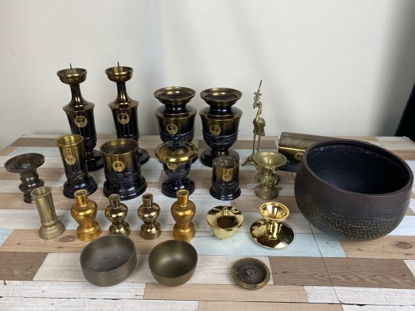 ○日蓮正宗 鶴丸仏具セット8点(花立 長角香炉 火立 茶湯器