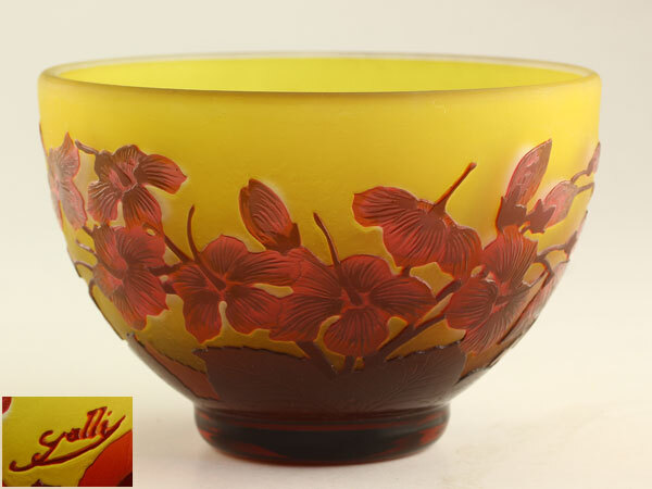 美術品】0623 【茶入】 Emile Galle エミール・ガレ ガラス 花文 茶器