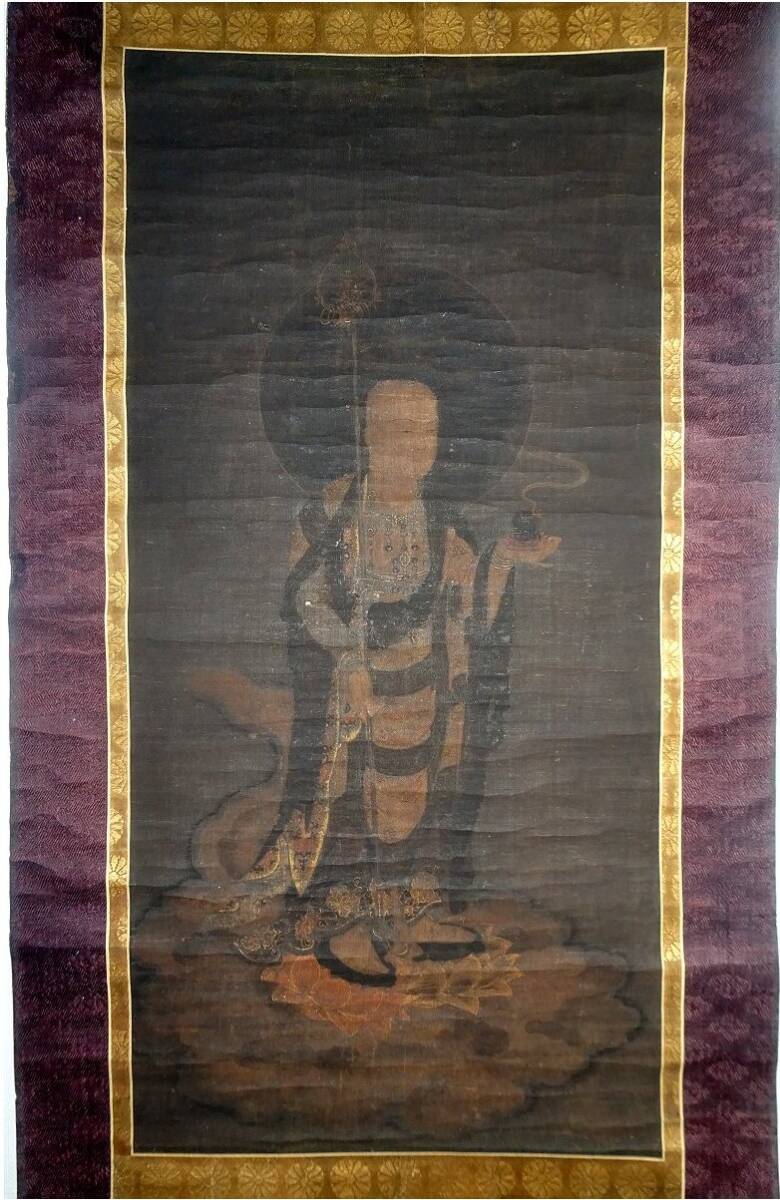 仏画 紫雲 筆『龍雲聖観音』掛軸〔絹本 肉筆〕共箱入り / 龍図 竜図