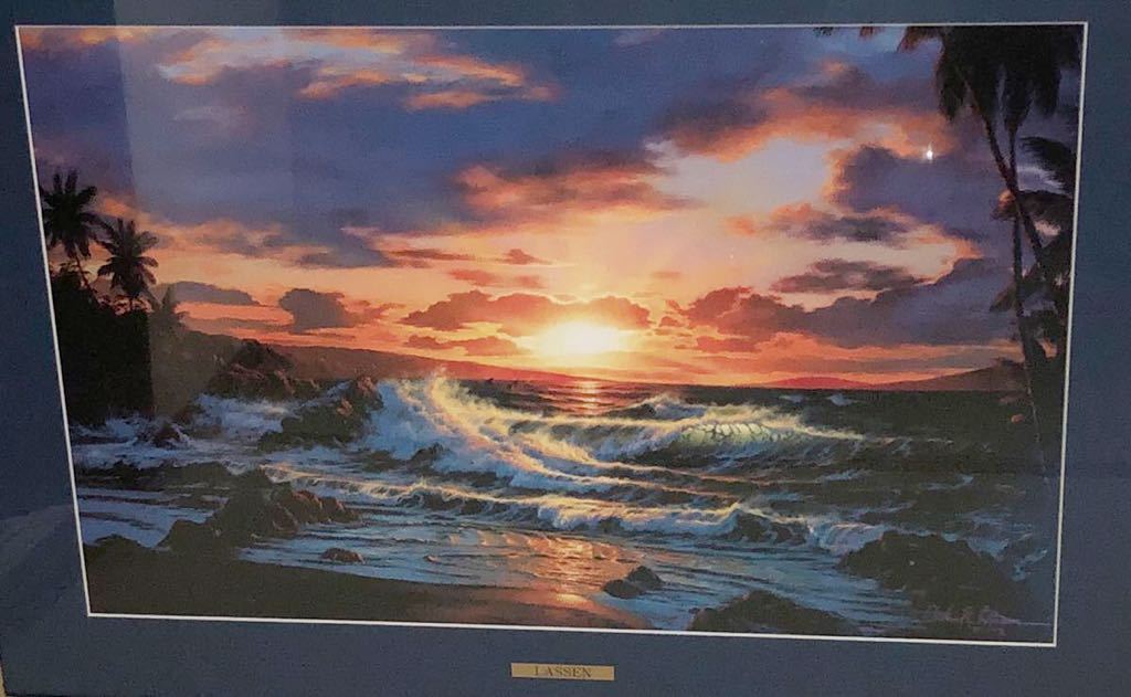 ☆ラッセン☆ポスター☆額装/96×71cm/夕日/夕焼け/太陽/海/波/鯨/空/岩