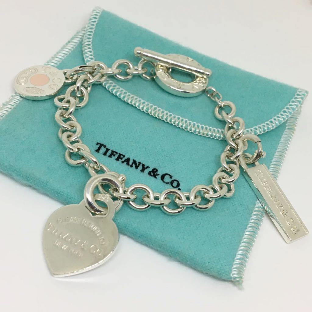 ティファニー 3チャーム ラウンド リンク チェーン トグル ブレスレット シルバー SV 925 ハート バー エナメル バングル