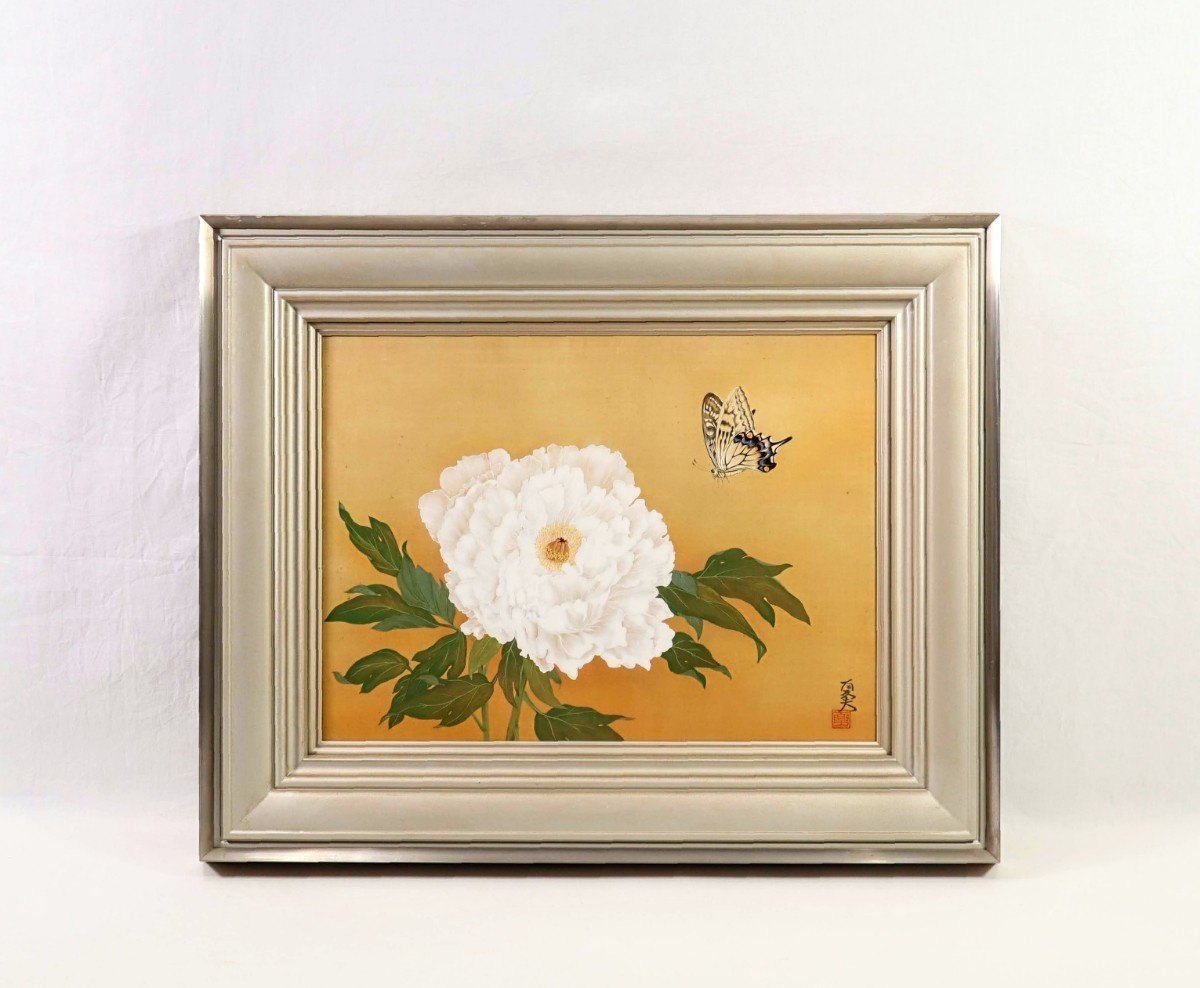 作者不詳 絹本彩色画 タイトル 【 蝶に牡丹の図 】 収納箱 作者不詳 絹本彩色画 タイトル 【 蝶に牡丹の図 】 収納箱