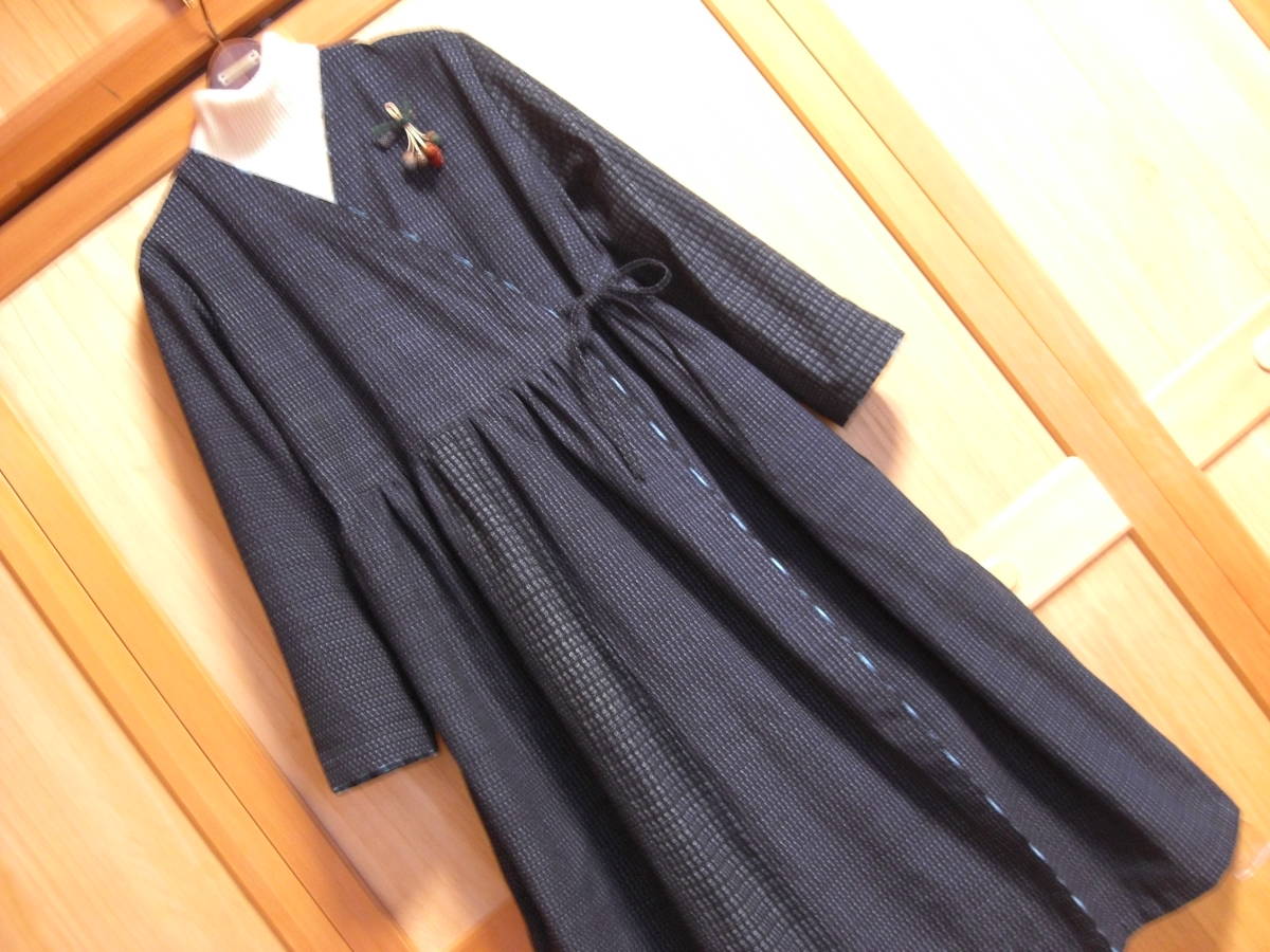 Biwa着物リメイク ワンピース 藍染 古布 書生絣 久留米絣 備後絣 伊予