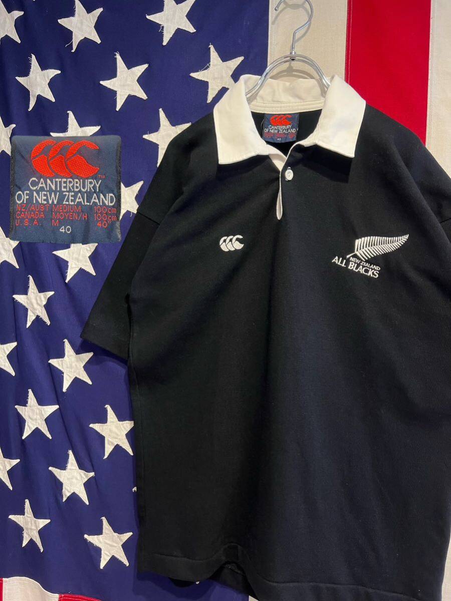 90s CANTERBURY オールブラックス ラガーシャツ ポロシャツ 黒刺繍