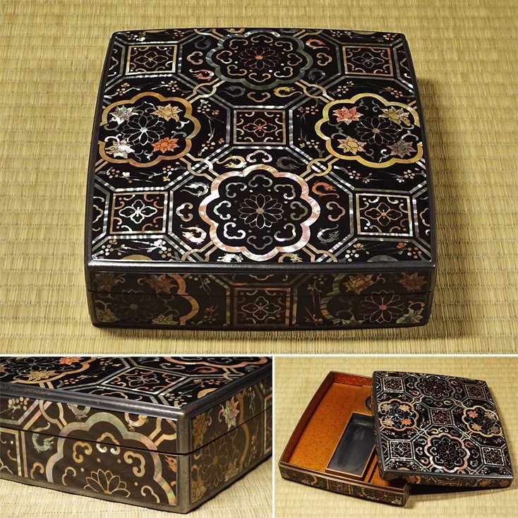 時代箱「八文銭の家紋」黒漆塗り 文箱 硯箱 道具箱 時代箱「八文銭の家紋」黒漆塗り 文箱 硯箱 道具箱