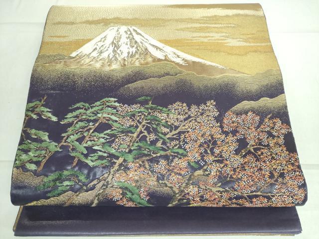 袋帯 美品 逸品 横山大観 落款 朝陽霊峰・瑞雲 金糸 箔 灰色 六