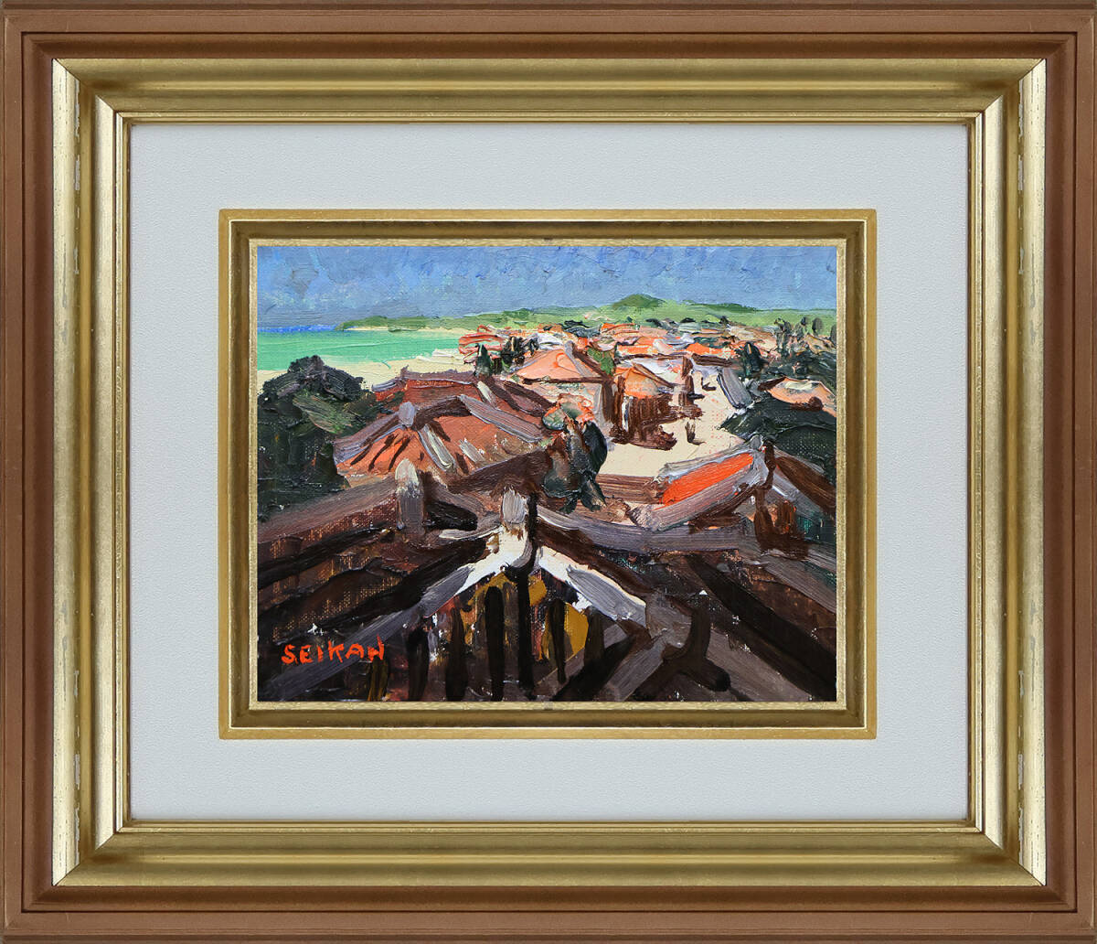 新入荷＊ 最終出品！大嶺政敏「海を望む沖縄風景」6号 油彩/赤い屋根