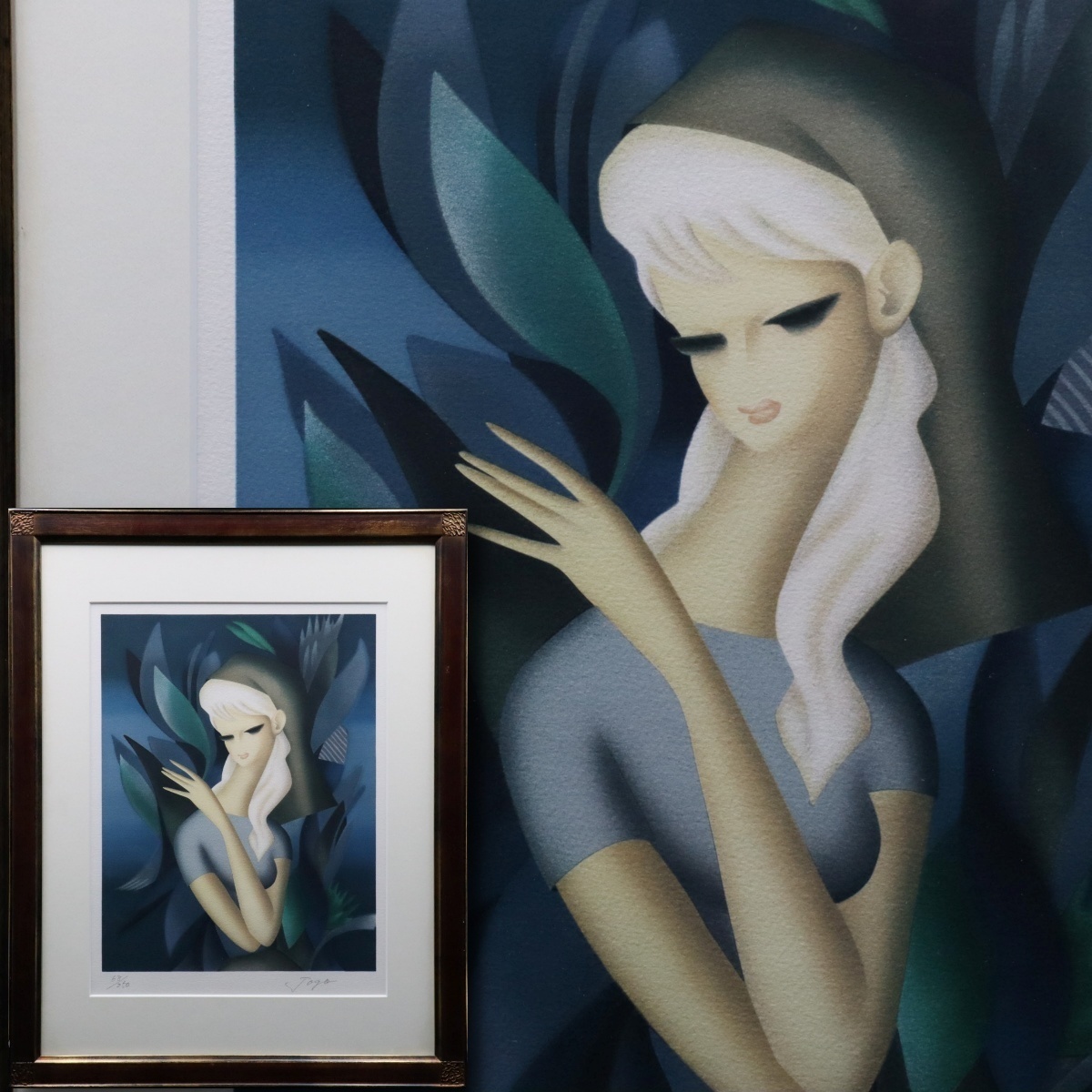 東郷青児 直筆 水彩画 色紙「婦人像」（着物女性）額装（黄袋・専用箱