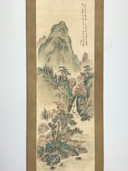 真作】 ♪ 掛軸 「内藤天来」筆 【自画賛 青緑山水図】 田能村直入