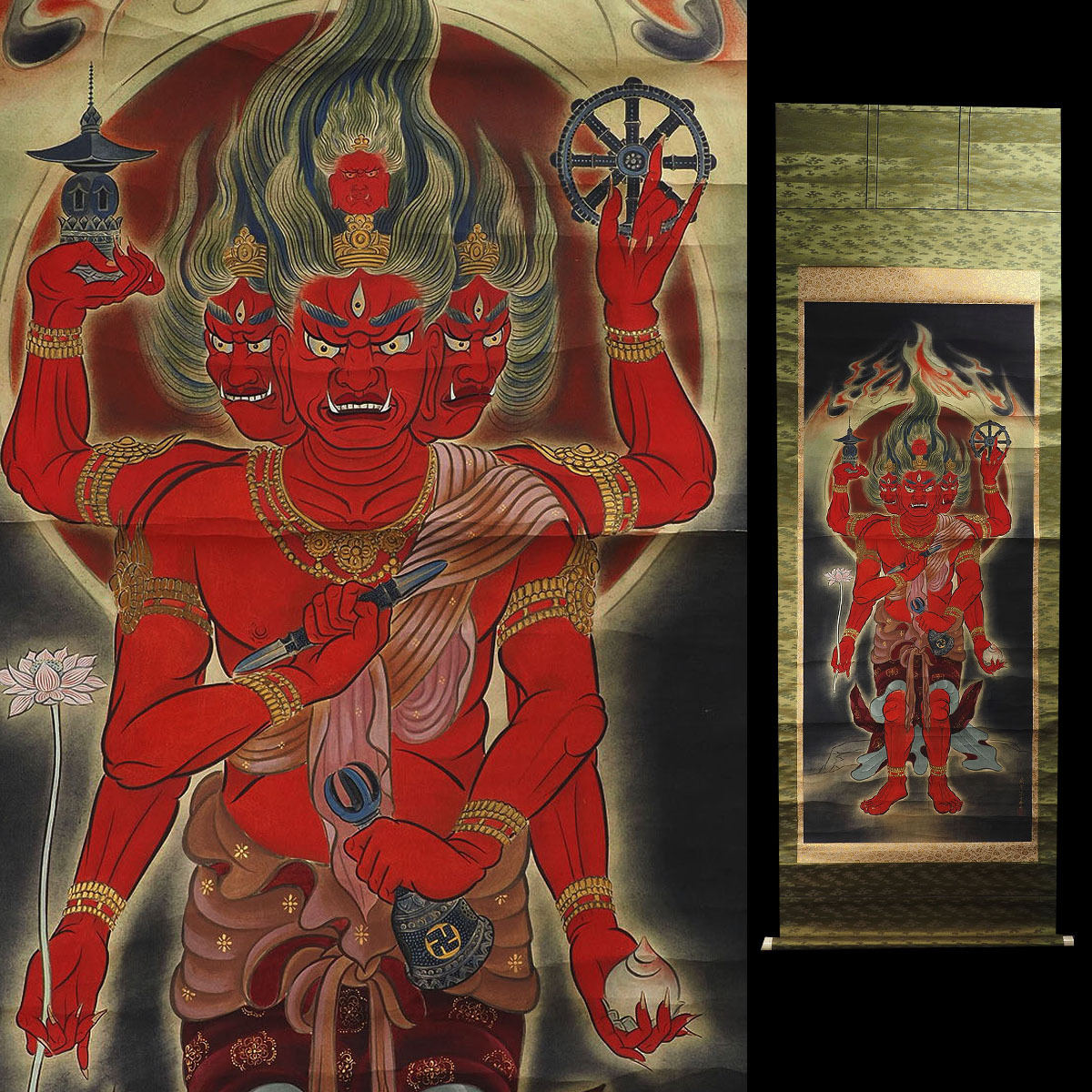 五】掛軸 古仏画 『三宝荒神』 紙本 彩色 二重箱付の落札情報詳細