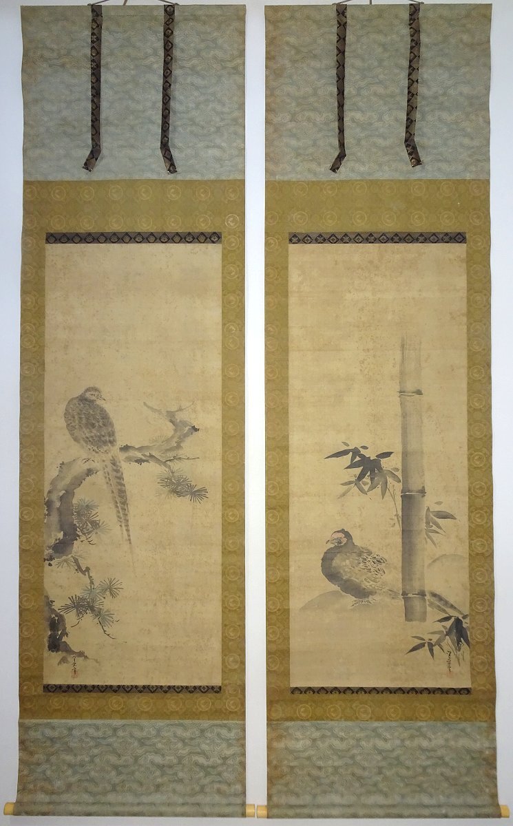 久隅守景】◇真筆水墨画『鳩』◇大倉好斎極札◇貴重古軸◇江戸前期◇添