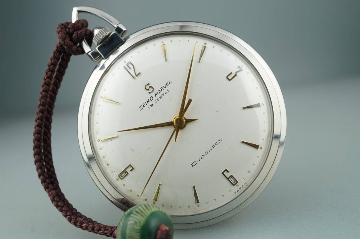 １*Ｅ様 【鶴マーク】SEIKO1959年名機MARVEL 手巻き懐中時計 19 珍品 セイコーマーベル 懐中時計 19石 手巻き 3バカ ダイヤショック