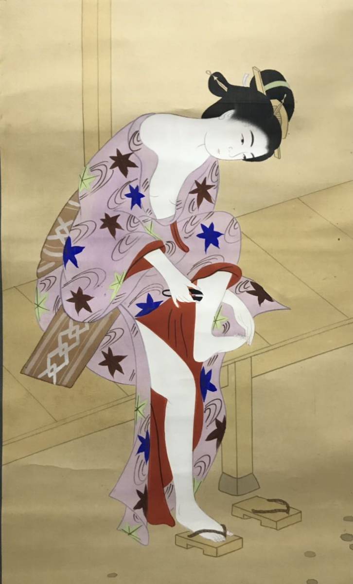 江戸期頃 鈴木春信写意 「爪切り」美人図 風俗画 古い掛け軸(掛軸