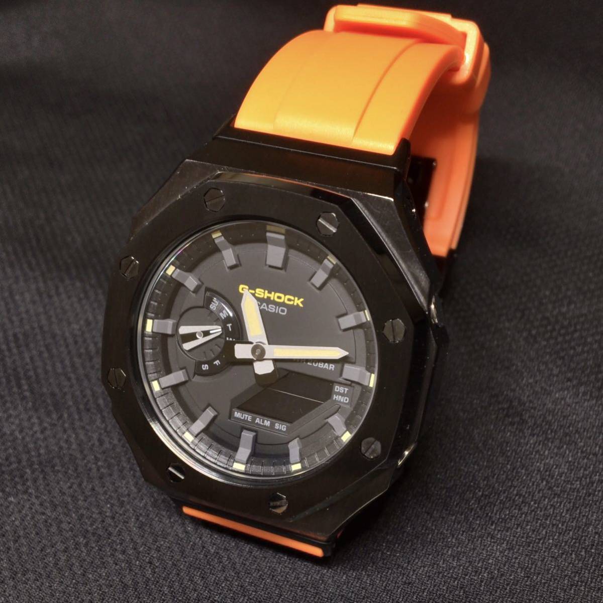 新品】黒&オレンジ GA-2100 メタル&ラバーG-SHOCKカスタム の落札情報