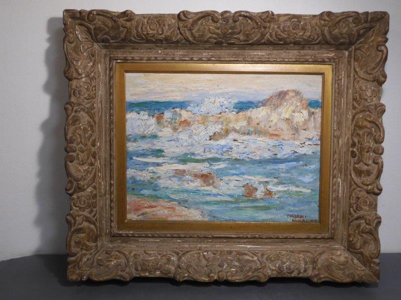 傷や汚れあり】額装 油彩画 沼倉正見「勝浦の海 和歌山忘帰洞」 画29.5
