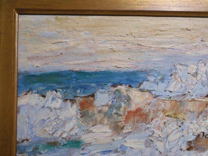 傷や汚れあり】額装 油彩画 沼倉正見「勝浦の海 和歌山忘帰洞」 画29.5