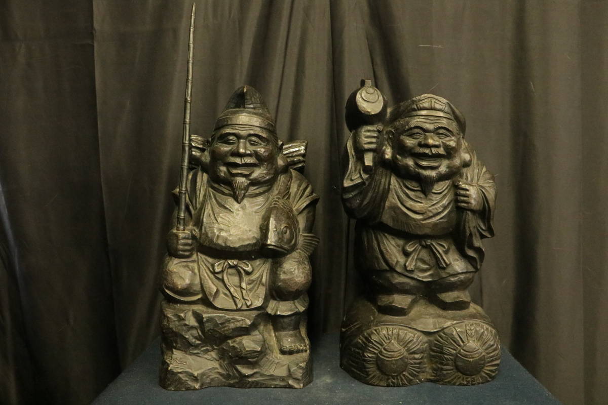 快空間】運慶作 欅一刀彫恵比寿大黒天 越後旧家初荷初出品 細密彫刻