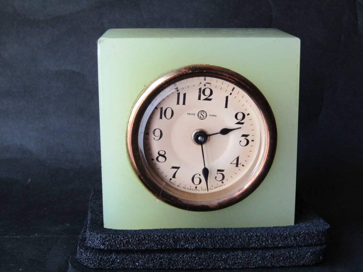 大正期の精工舎ウランガラス置き時計 （未使用に近い】ウランガラス  