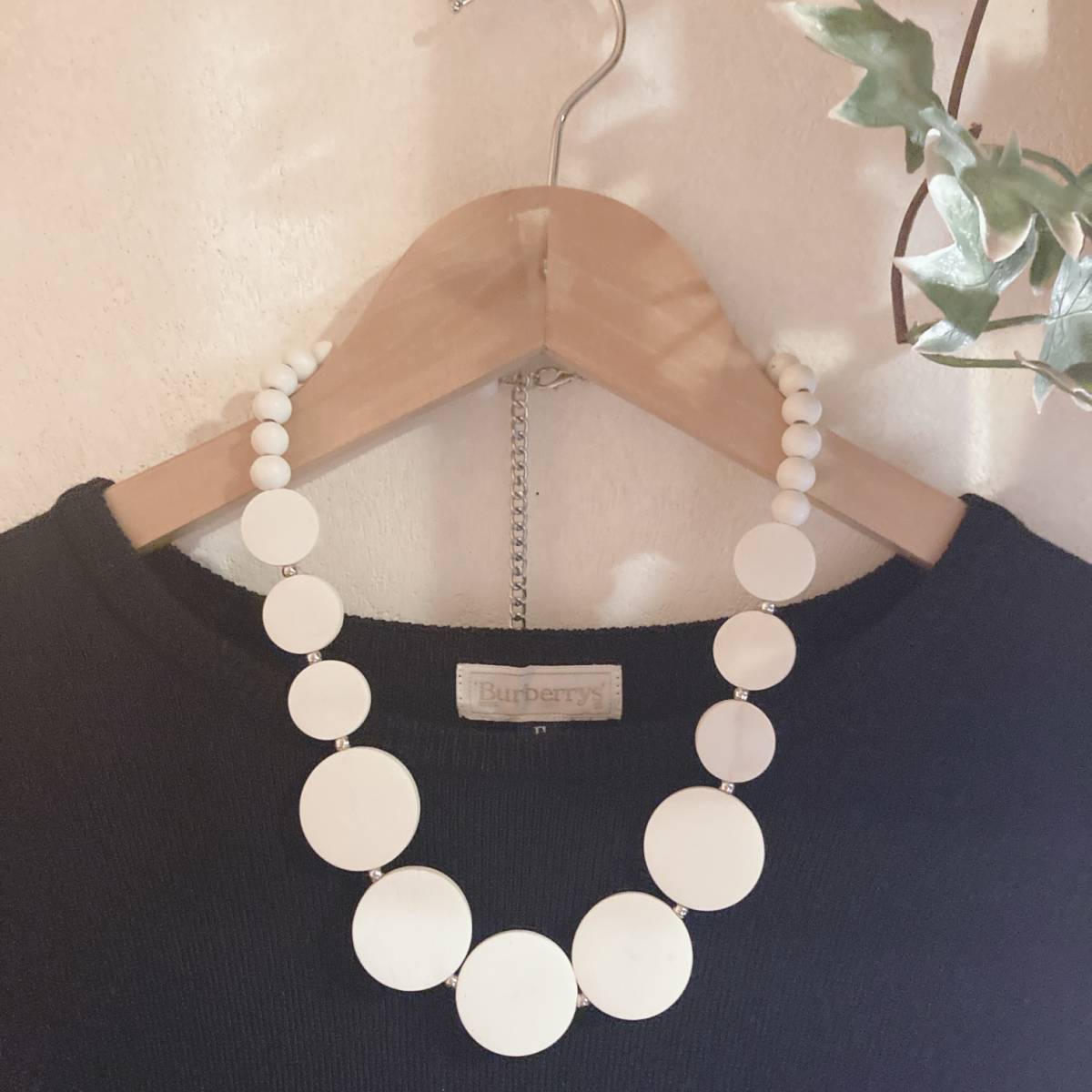 【未使用に近い】ホワイトウッド ディスクビーズネックレス White Wood Circle Disc Beads☆vintage