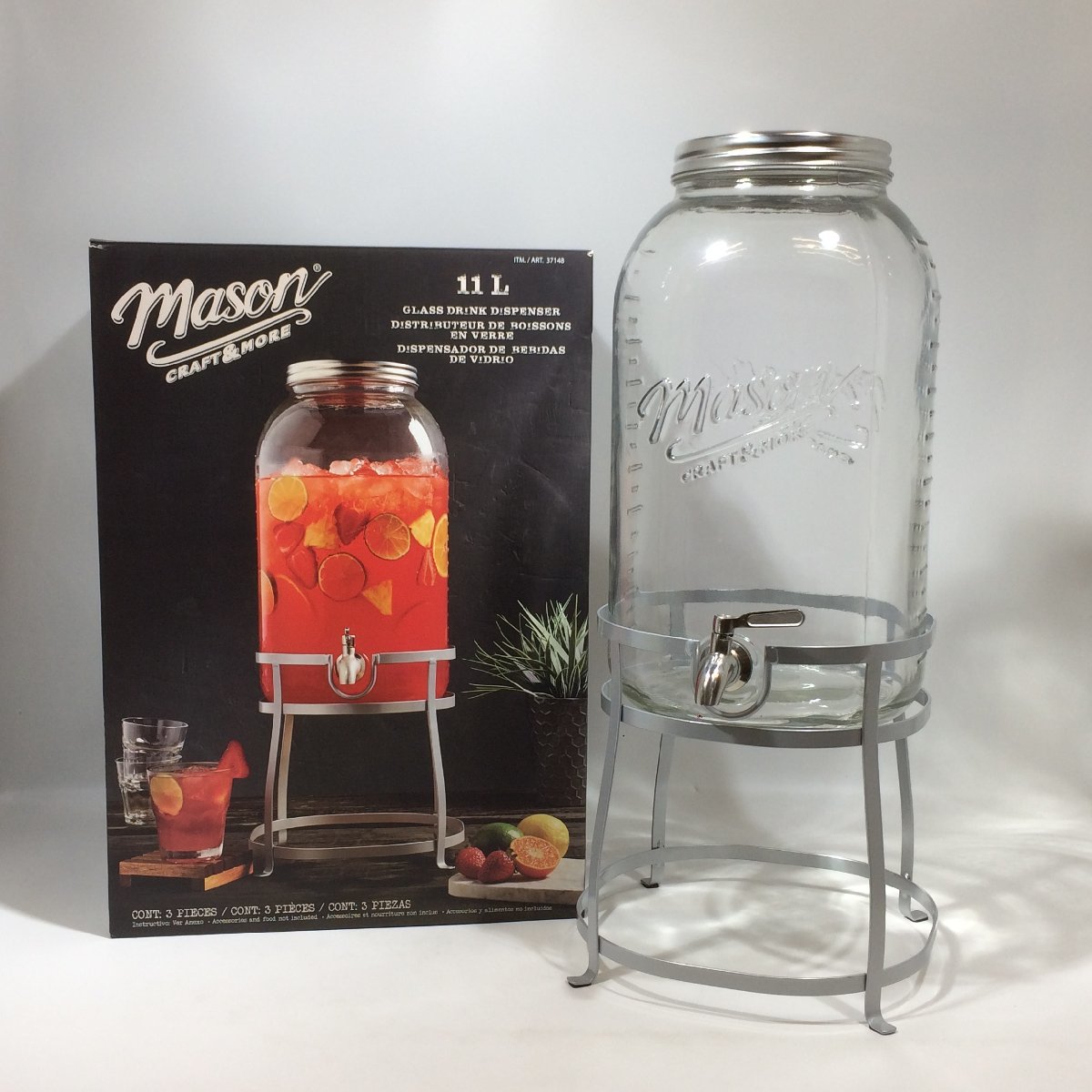 【未使用に近い】Mason Craft & More ガラスドリンクディスペンサー スタンド付き 11L コストコ MASON メイソンジャー