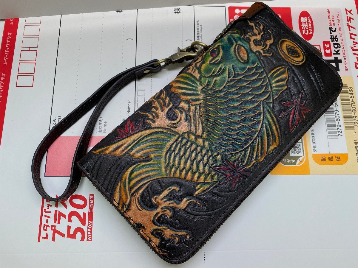 錦鯉 イタリアン 本革 長財布 レザー ウォレット 牛ヌメ革 ラウンド