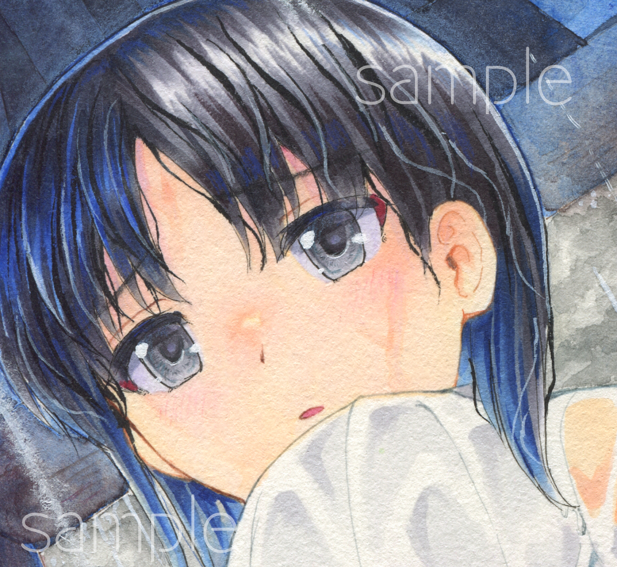 未使用】同人手描きイラスト オリジナル 梅雨の濡れ透け少女 女の子 A4